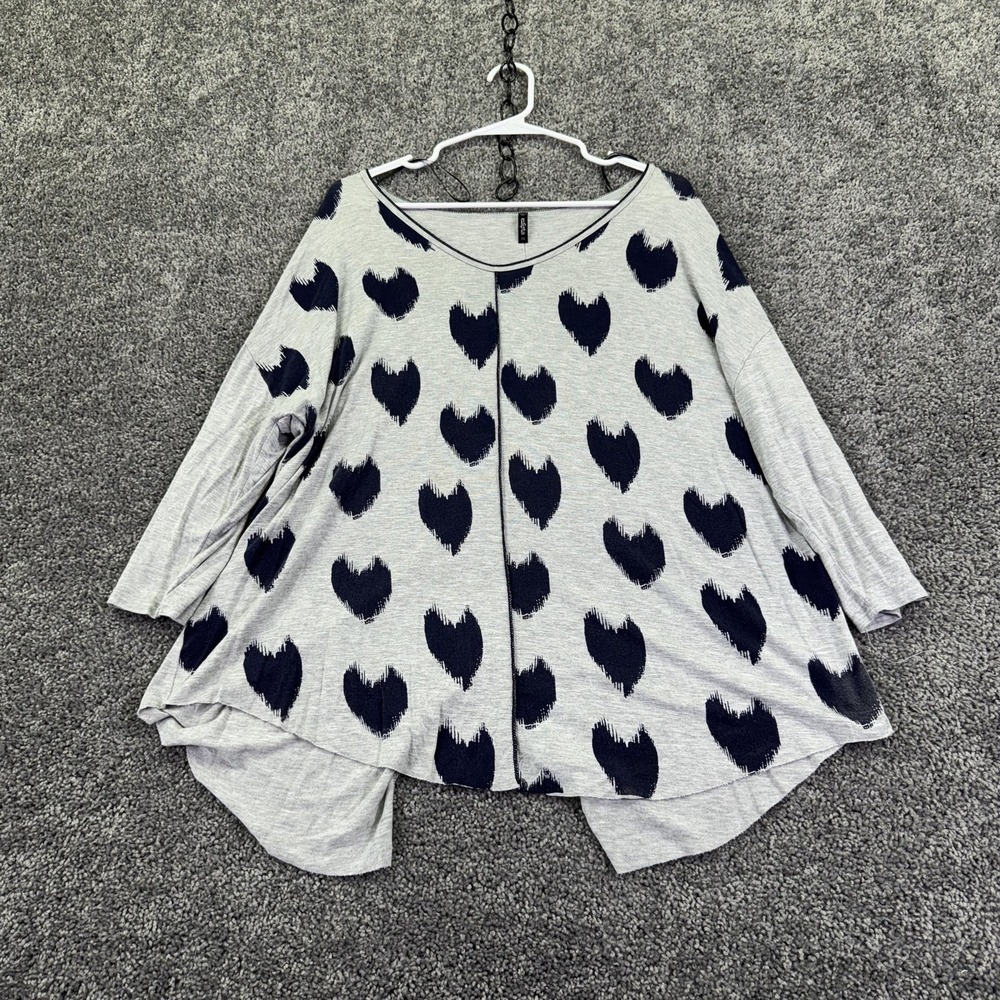 Edista Top Womens 1X Gray Heart Print Scoop Neck 3/4 Sleeve Tunic Jersey Casual